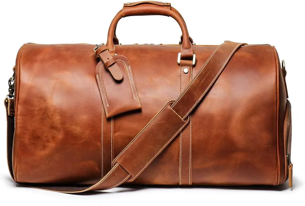 Leather Travel Duffel Bag, Mens Classic Gift Leather Weekend Bag Overnight Full Grain Retro Sport Gym Carry on Luggage YKK Zipper (Brown)
