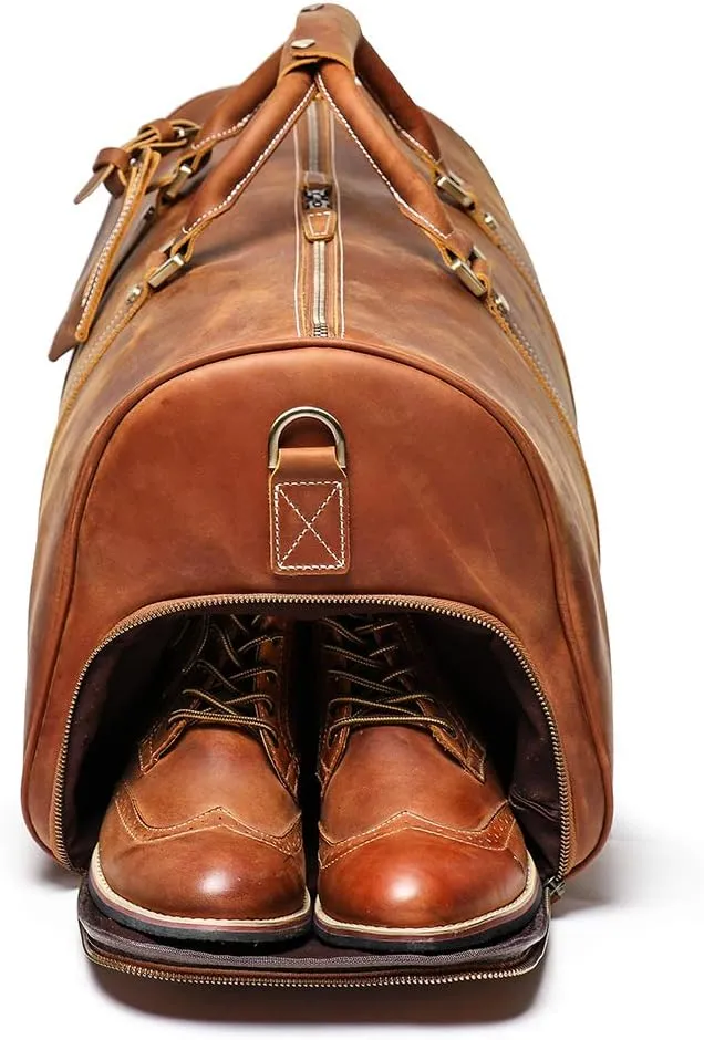Leather Travel Duffel Bag, Mens Classic Gift Leather Weekend Bag Overnight Full Grain Retro Sport Gym Carry on Luggage YKK Zipper (Brown)