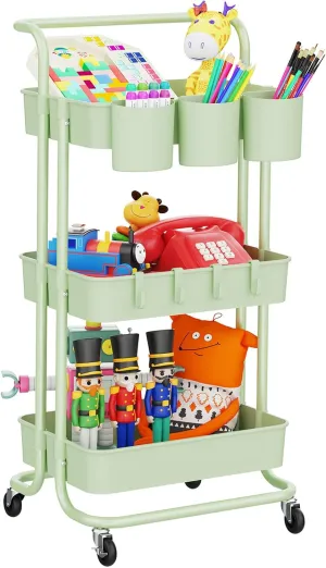 LEHOM 3-Tier Rolling Mobile Utility Cart with Hanging Cups & Hooks & Handle Multifunctional Organizer Storage Trolley Service Cart with Wheels Easy Assembly for Office, Bathroom, Kitchen (Green)