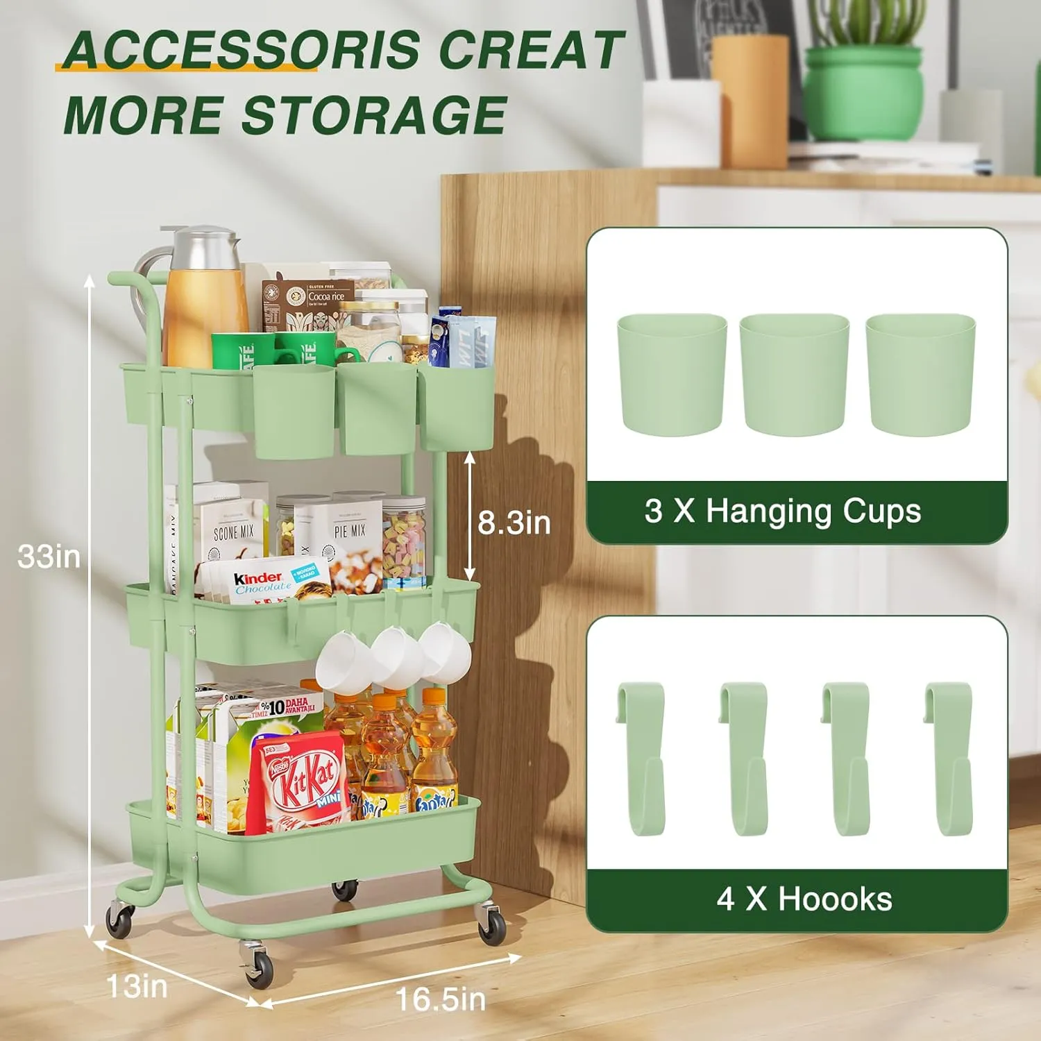 LEHOM 3-Tier Rolling Mobile Utility Cart with Hanging Cups & Hooks & Handle Multifunctional Organizer Storage Trolley Service Cart with Wheels Easy Assembly for Office, Bathroom, Kitchen (Green)