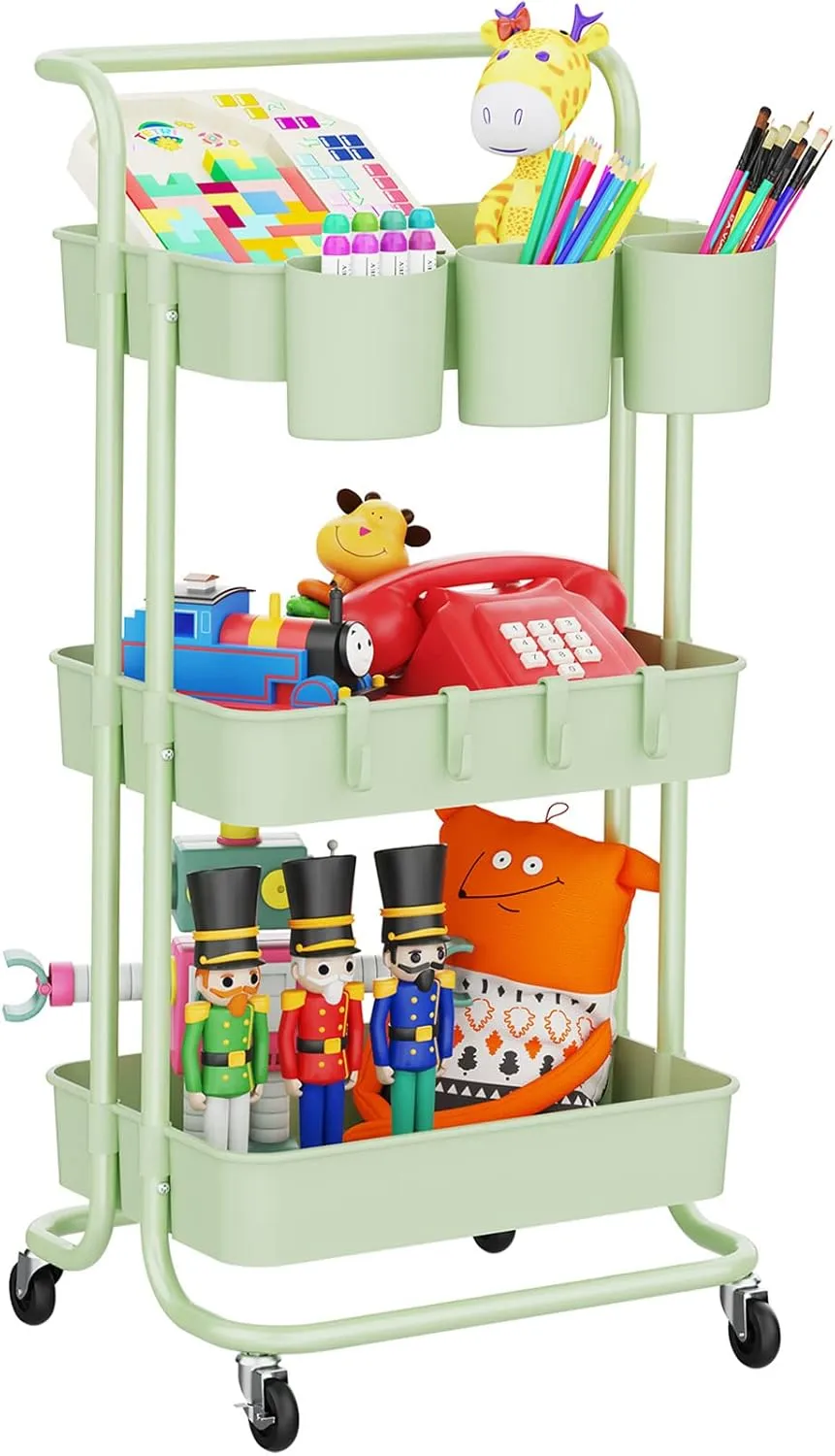 LEHOM 3-Tier Rolling Mobile Utility Cart with Hanging Cups & Hooks & Handle Multifunctional Organizer Storage Trolley Service Cart with Wheels Easy Assembly for Office, Bathroom, Kitchen (Green)