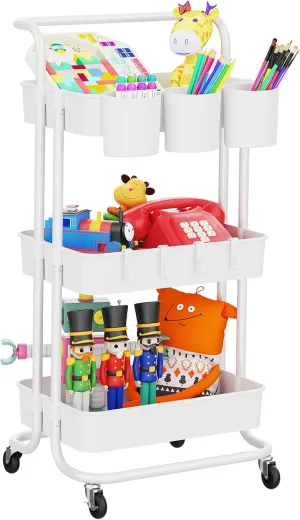 LEHOM 3-Tier Rolling Utility Cart with Hanging Cups & Hooks & Handle, Plastic Art Cart Organizer Storage with Wheels, Easy Assembly for Office, Bedroom, Kitchen, Bathroom, Laundry (White)