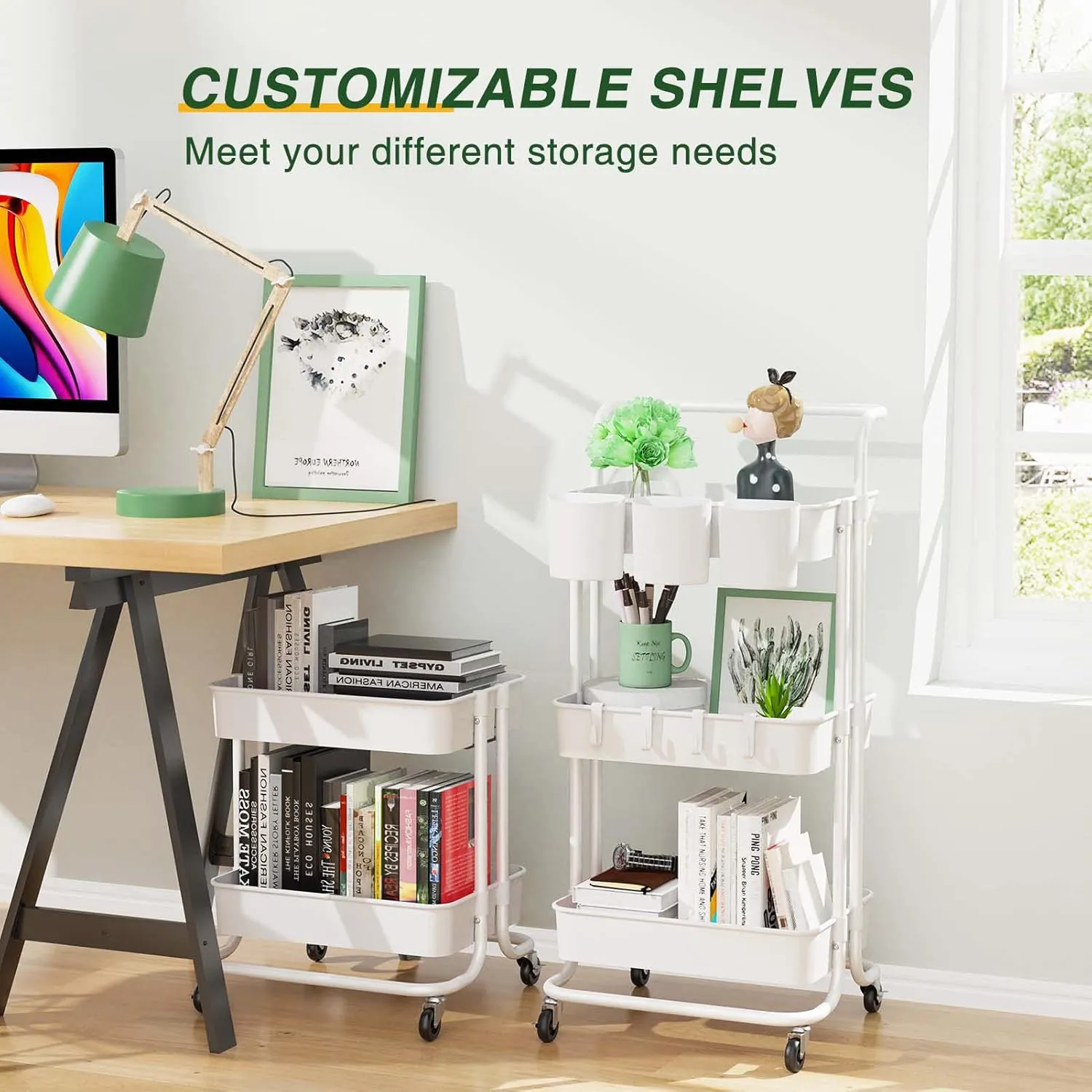LEHOM 3-Tier Rolling Utility Cart with Hanging Cups & Hooks & Handle, Plastic Art Cart Organizer Storage with Wheels, Easy Assembly for Office, Bedroom, Kitchen, Bathroom, Laundry (White)