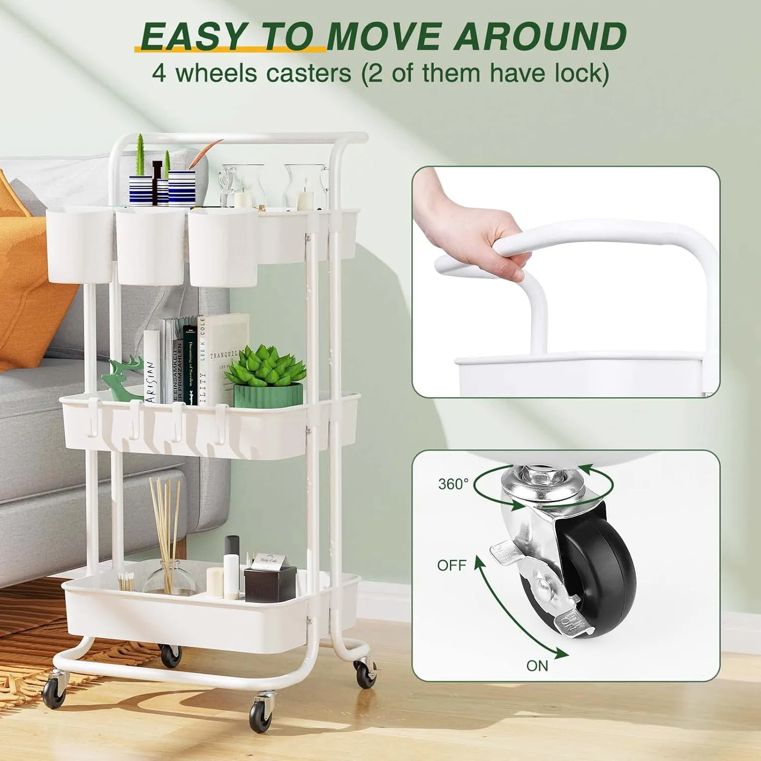 LEHOM 3-Tier Rolling Utility Cart with Hanging Cups & Hooks & Handle, Plastic Art Cart Organizer Storage with Wheels, Easy Assembly for Office, Bedroom, Kitchen, Bathroom, Laundry (White)