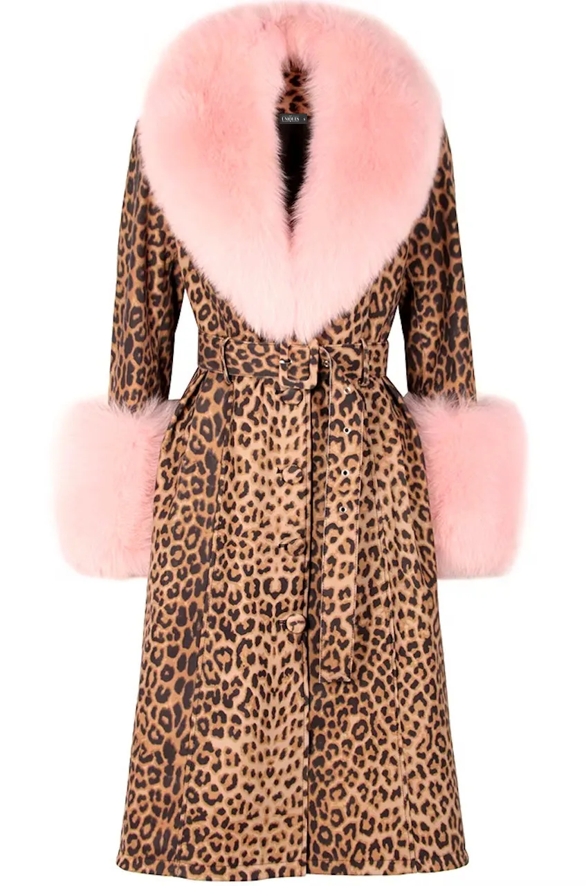 Leopard Print Genuine Leather Trench Coat