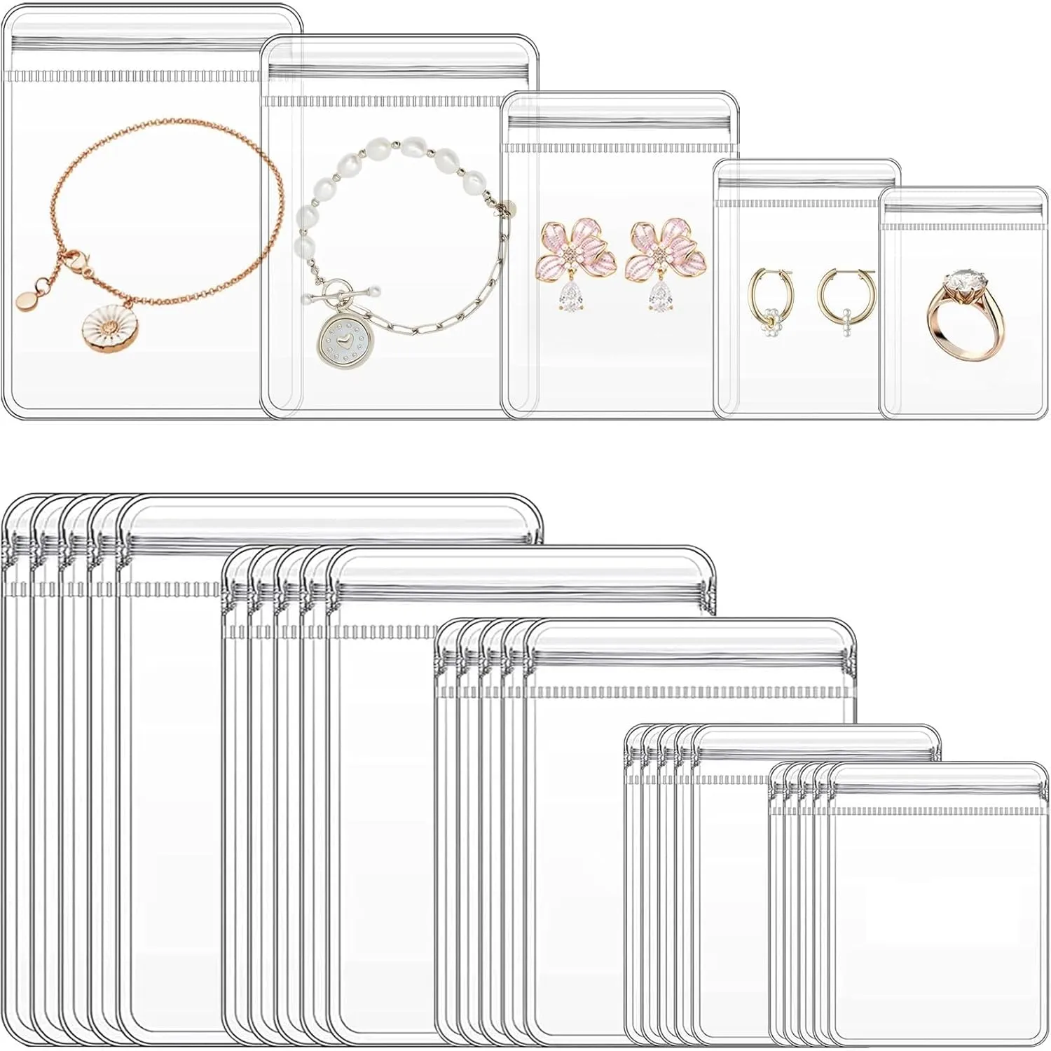LETGO 210 pcs 5 Sizes Clear PVC Jewelry Bags Plastic Transparent Jewelry Rings Earrings Packing Storage Pouch Anti Tarnish Zip Lock Bags for Holding Jewelries (Clear, 5 Szies Mixed)
