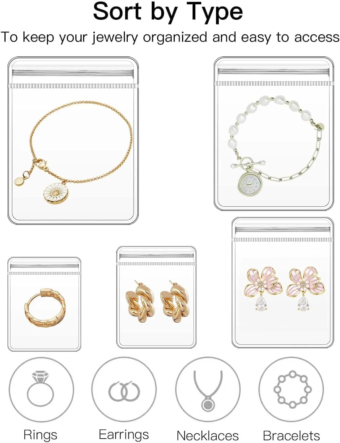 LETGO 210 pcs 5 Sizes Clear PVC Jewelry Bags Plastic Transparent Jewelry Rings Earrings Packing Storage Pouch Anti Tarnish Zip Lock Bags for Holding Jewelries (Clear, 5 Szies Mixed)