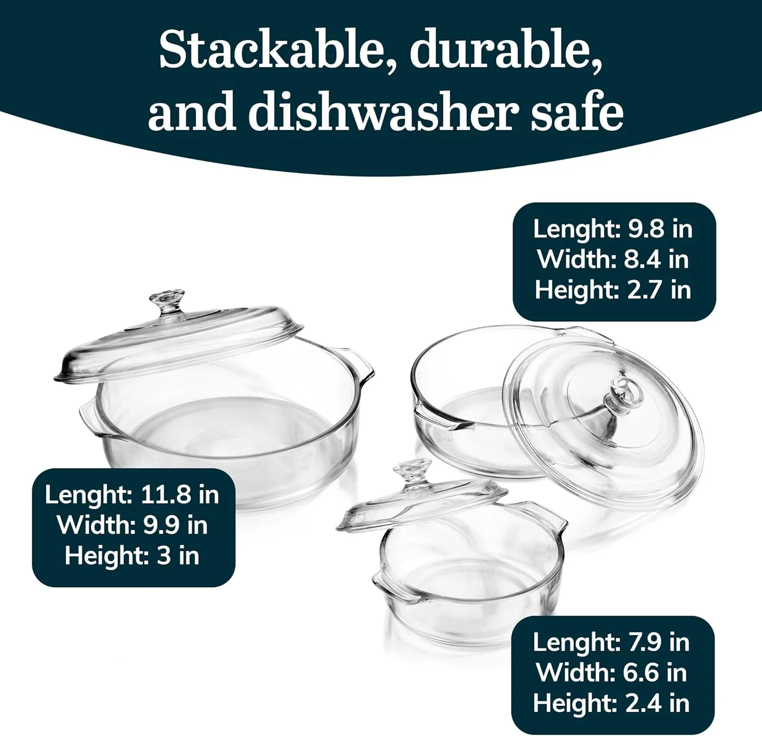 Libbey 56030 Baker's Basics 3-Piece Covered Casserole Dishes, Versatile Glass Baking Dishes for Oven, Clear Lead-Free Casserole Cookware