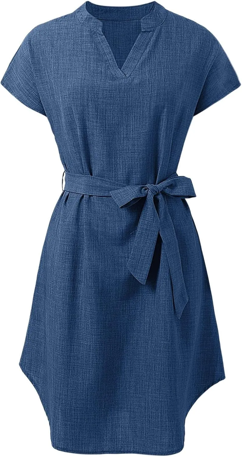 Lightweight Linen Shirt Dress Summer Beach Short Sleeve Midi Dresses with Belt Party Comfy Church Outfits for Women