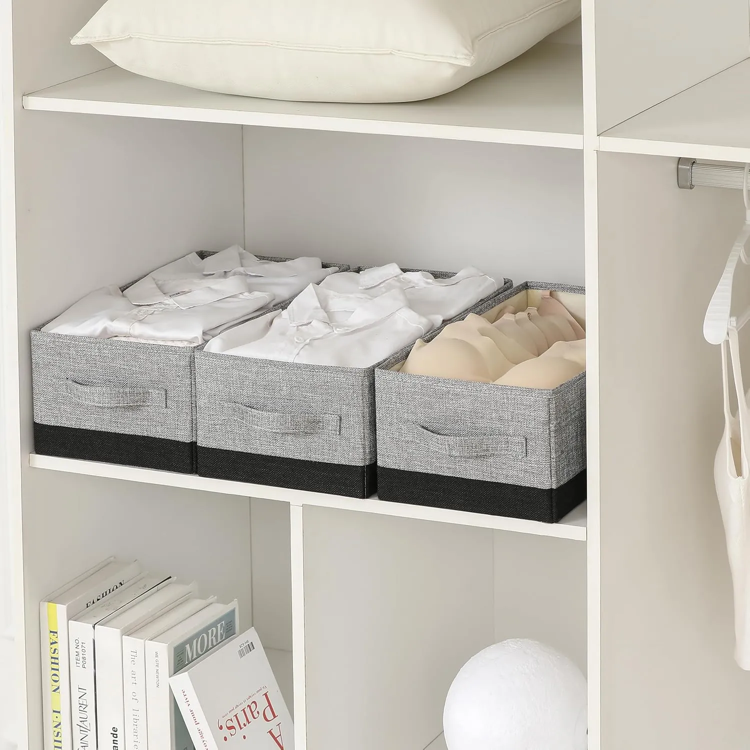 Linen Folding Storage Bins, 3 Pack Large Storage Baskets, Washable, Clothing Storage Bins with Handle, Closet Organizer for Storage Sweater,Sheets (gray black, 16"x9½"x6¾")
