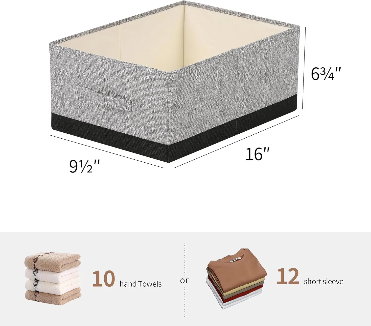 Linen Folding Storage Bins, 3 Pack Large Storage Baskets, Washable, Clothing Storage Bins with Handle, Closet Organizer for Storage Sweater,Sheets (gray black, 16"x9½"x6¾")
