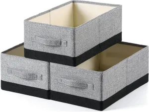 Linen Folding Storage Bins, 3 Pack Large Storage Baskets, Washable, Clothing Storage Bins with Handle, Closet Organizer for Storage Sweater,Sheets (gray black, 16"x9½"x6¾")