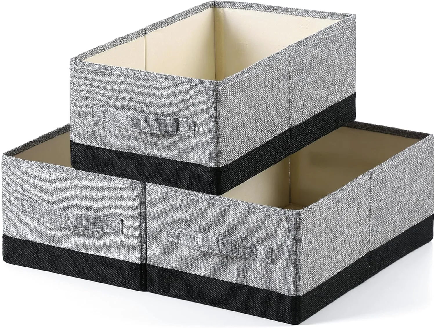 Linen Folding Storage Bins, 3 Pack Large Storage Baskets, Washable, Clothing Storage Bins with Handle, Closet Organizer for Storage Sweater,Sheets (gray black, 16"x9½"x6¾")