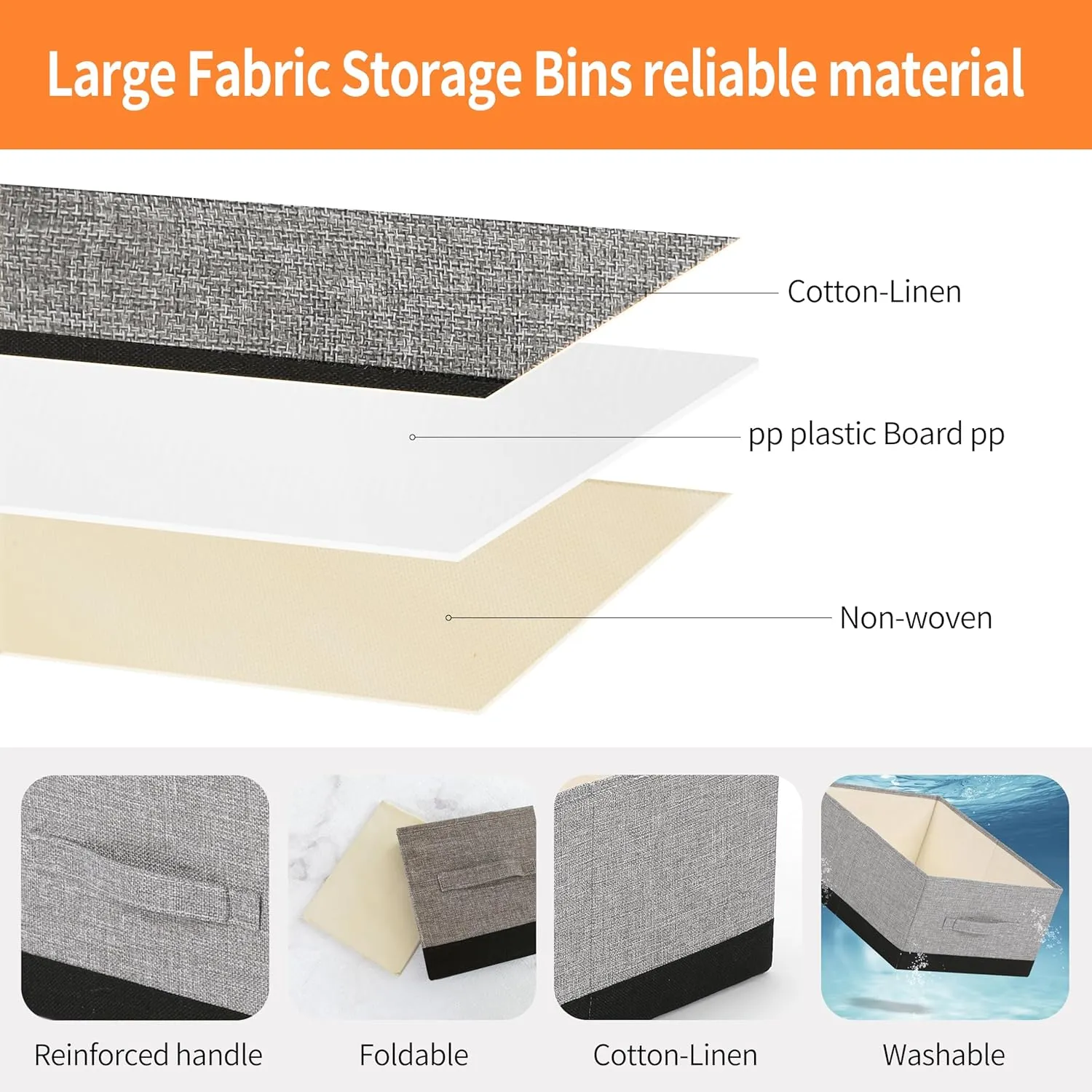 Linen Folding Storage Bins, 3 Pack Large Storage Baskets, Washable, Clothing Storage Bins with Handle, Closet Organizer for Storage Sweater,Sheets (gray black, 16"x9½"x6¾")