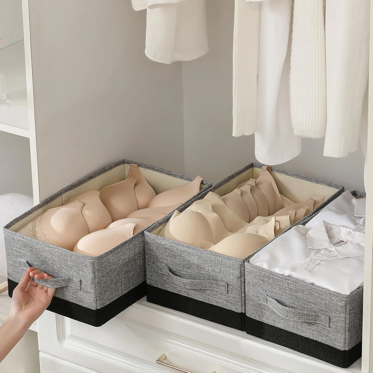 Linen Folding Storage Bins, 3 Pack Large Storage Baskets, Washable, Clothing Storage Bins with Handle, Closet Organizer for Storage Sweater,Sheets (gray black, 16"x9½"x6¾")