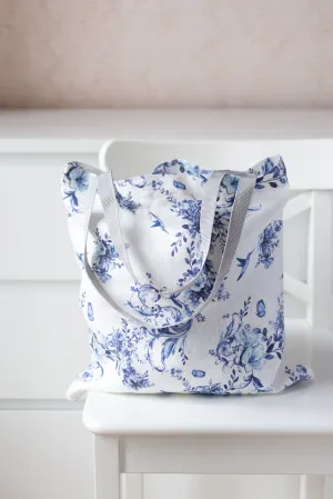 Linen Market Bag. Size: 13" x13". Blue flowers