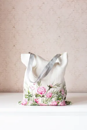 Linen tote bag with Peony print