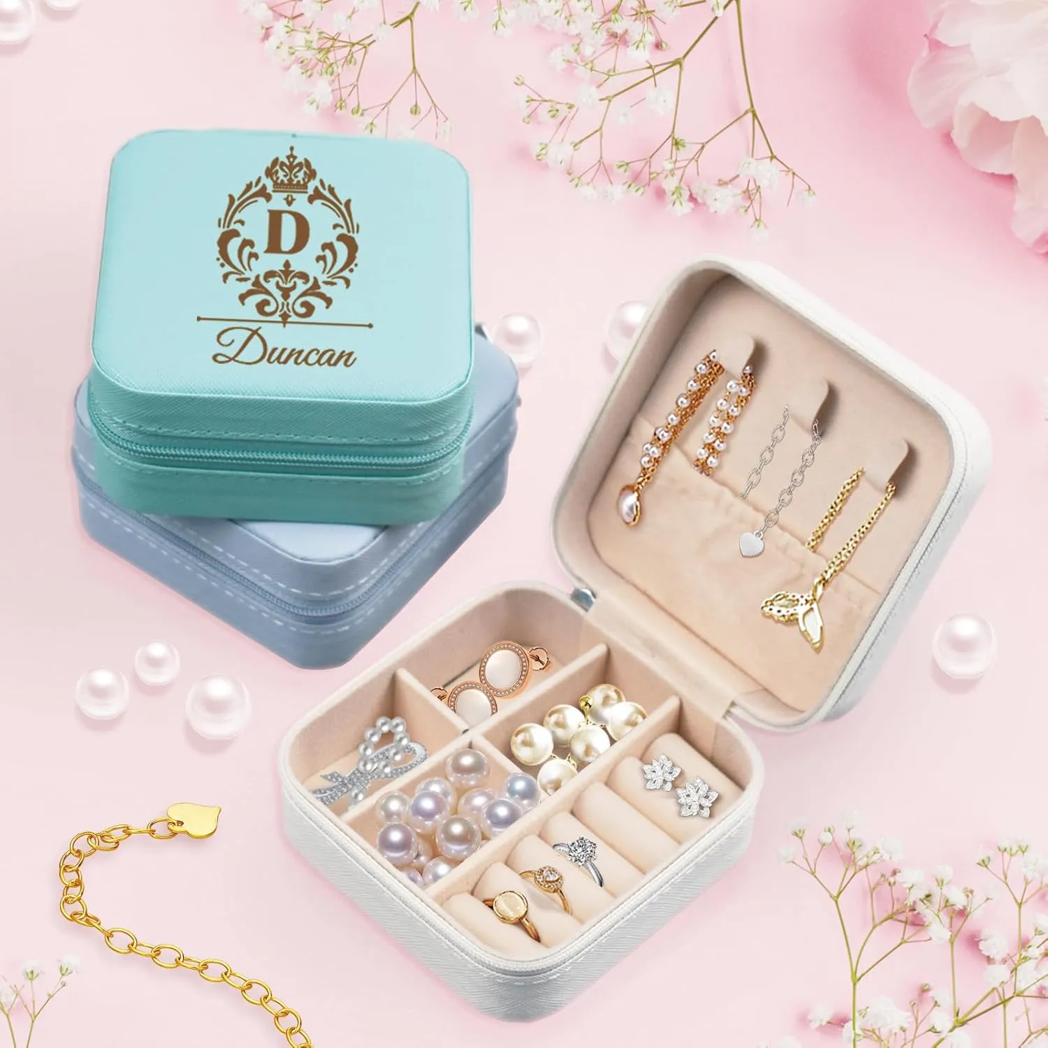 LING Ling's Design Custom Engraved Travel Jewelry Box with Name and Initals for Women - Personalized Small Jewelry Case Organizer for Birthday, Wedding, Christmas, Bridesmaid, and Daughter Gifts.