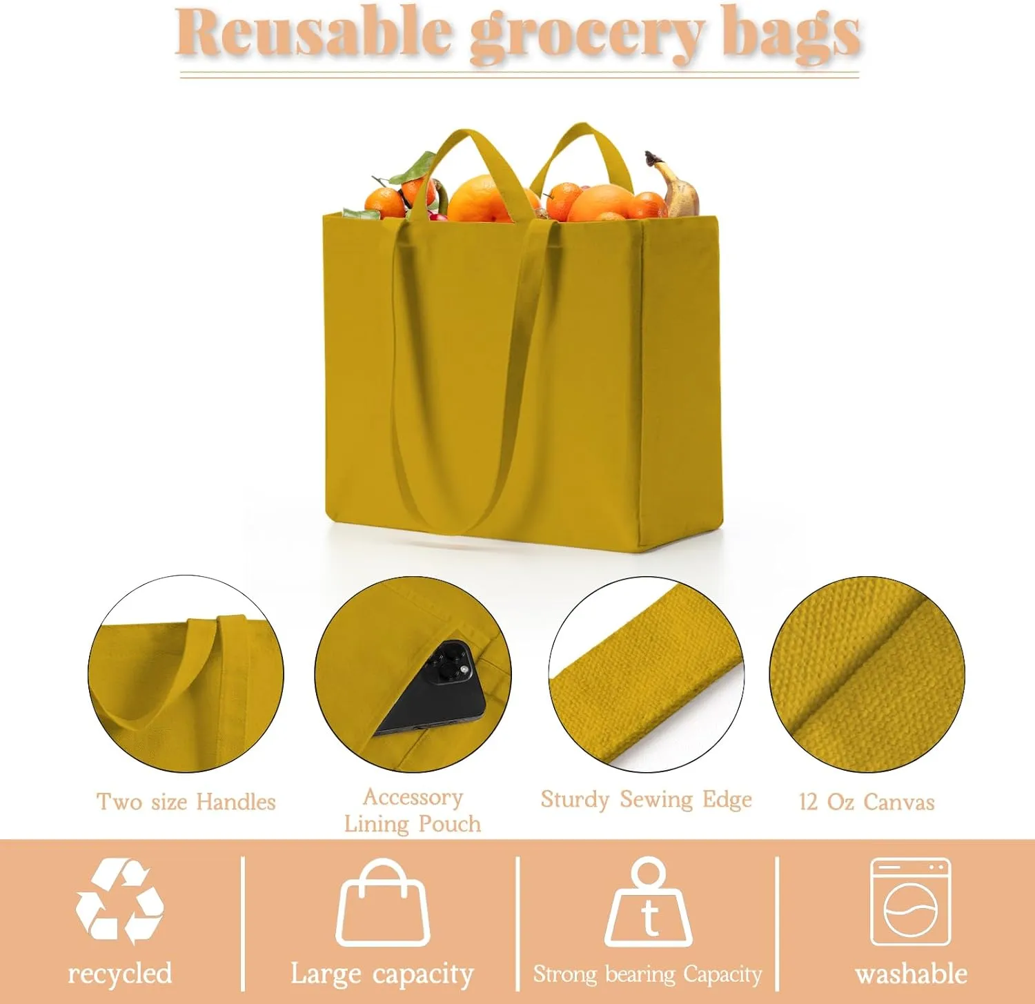 LINICE Reusable Grocery Bags Shopping Bags for Groceries Foldable Heavy Duty Canvas Tote Bag Washable Canvas Bag with Handles (Yellow-3pack)