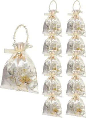 Liobelon 10 Pieces Floral Satin Gift Bags with Handles, Tea Party Favor Bags Jewelry Pouches with Drawstring Thank You Gift Bag, Small Candy Boxes for Birthday Wedding Bridal Baby Shower(Champagne)