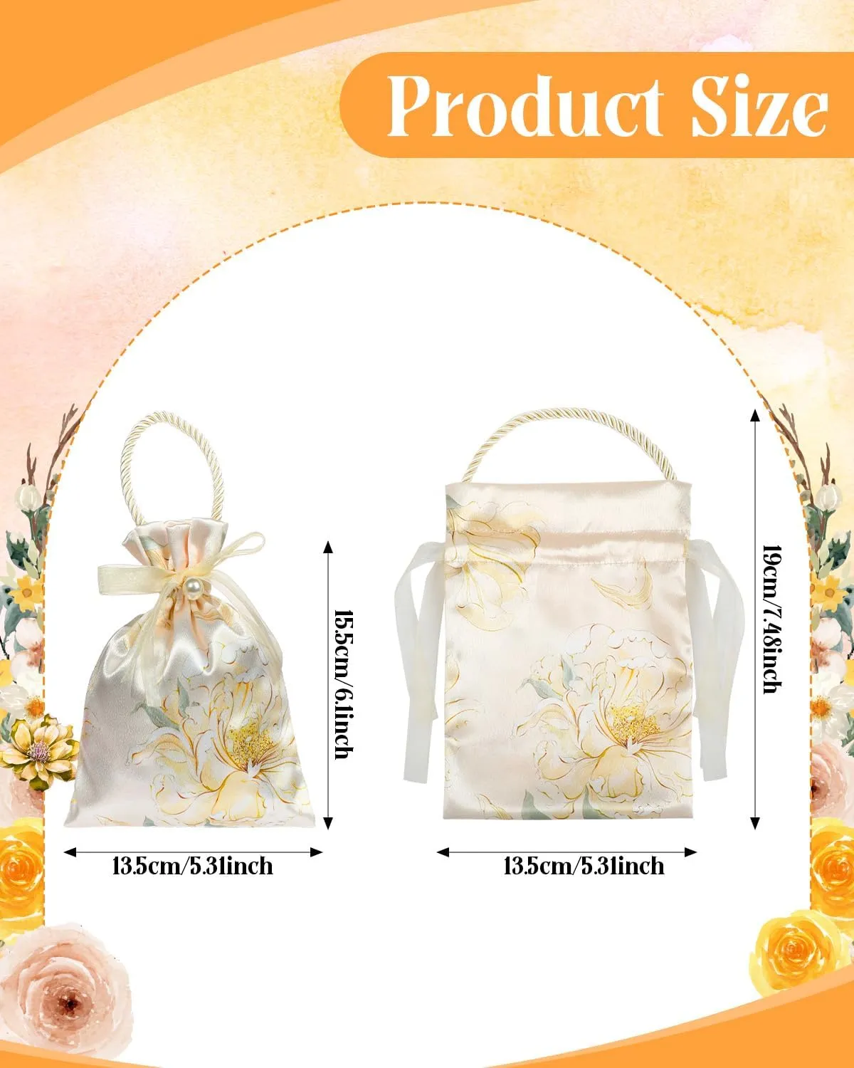 Liobelon 10 Pieces Floral Satin Gift Bags with Handles, Tea Party Favor Bags Jewelry Pouches with Drawstring Thank You Gift Bag, Small Candy Boxes for Birthday Wedding Bridal Baby Shower(Champagne)