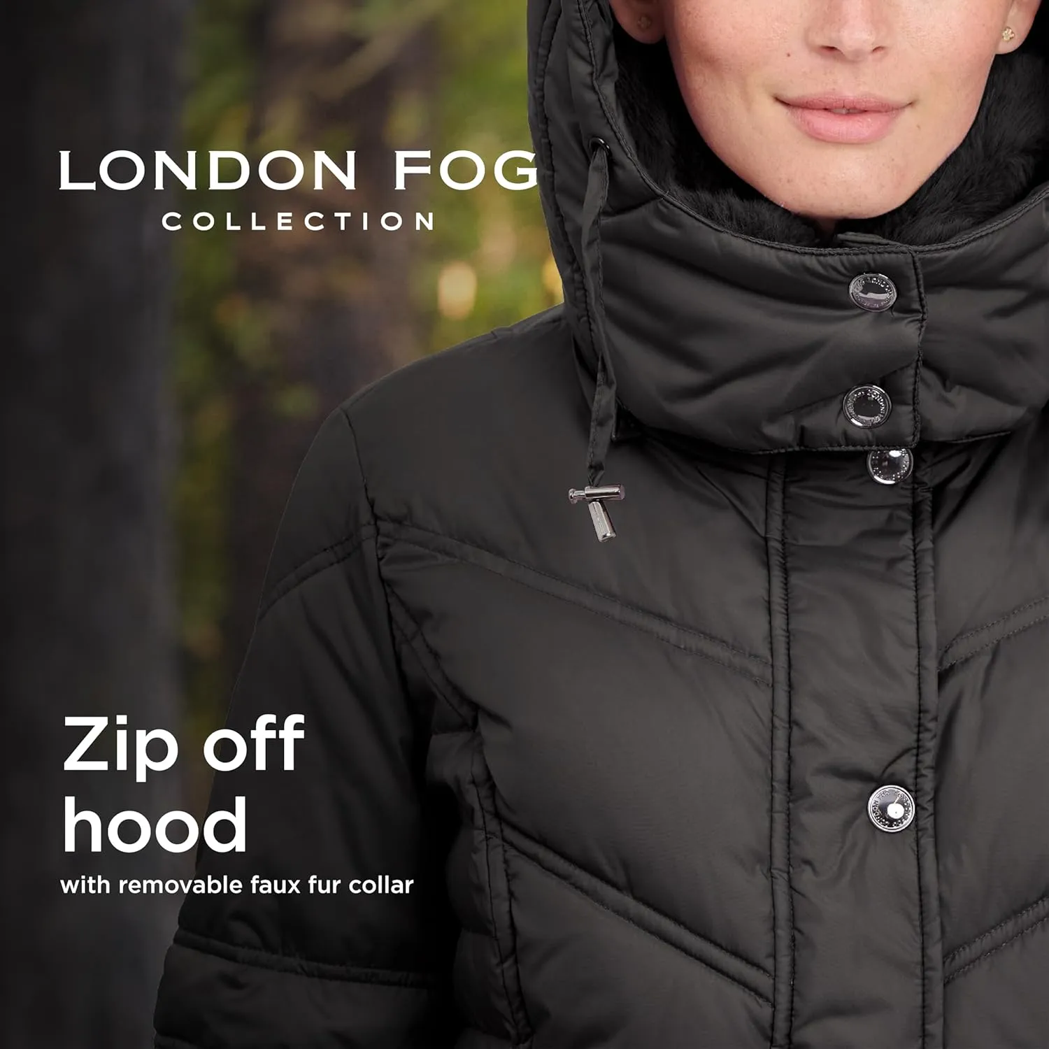 LONDON FOG Women's Chevron Coat with Faux Fur Trimmed Hood