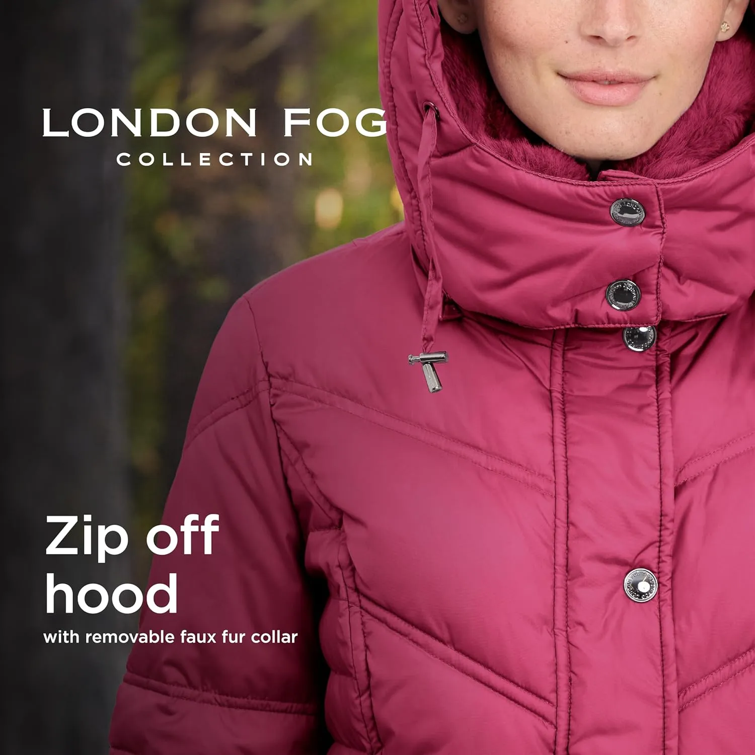 LONDON FOG Women's Chevron Coat with Faux Fur Trimmed Hood