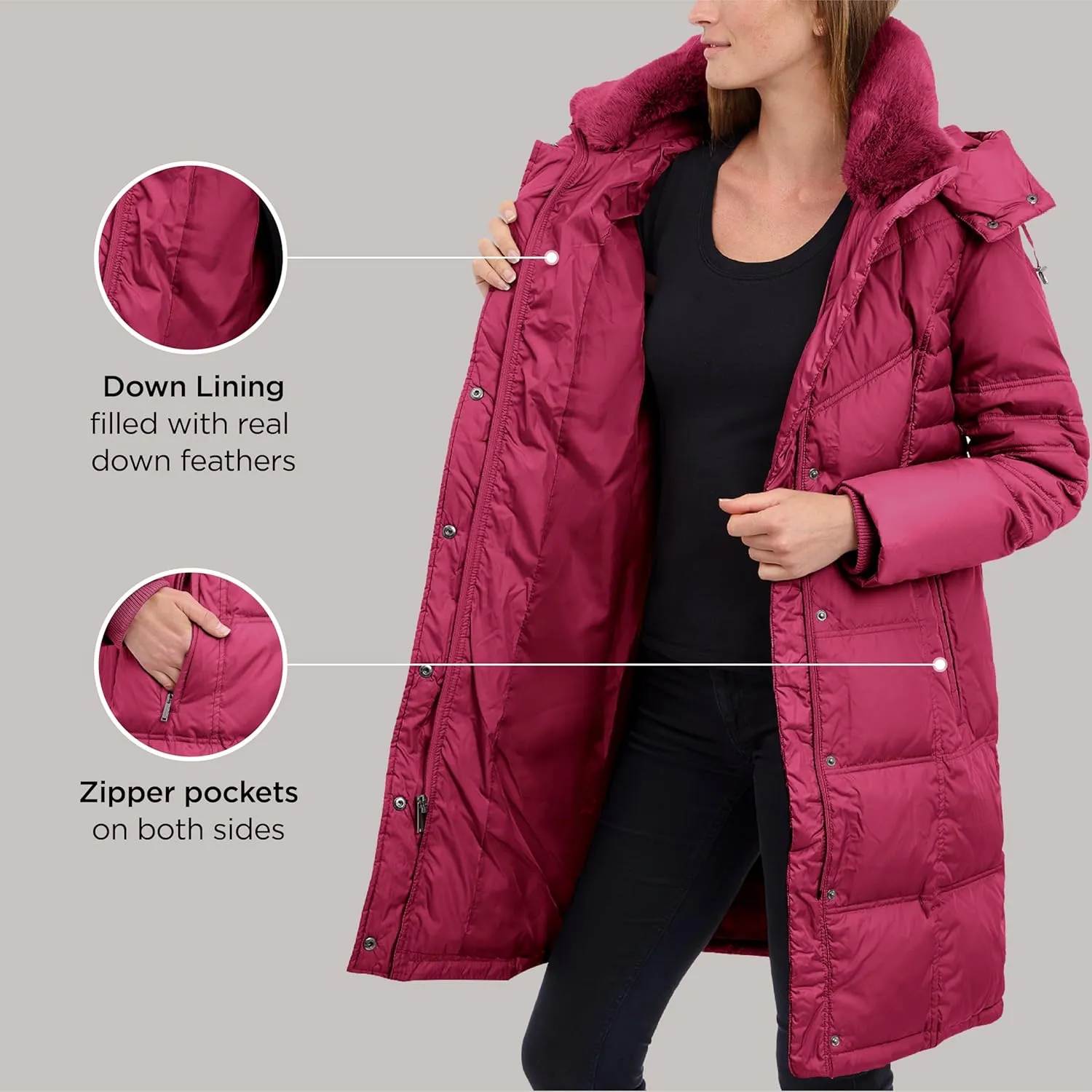 LONDON FOG Women's Chevron Coat with Faux Fur Trimmed Hood