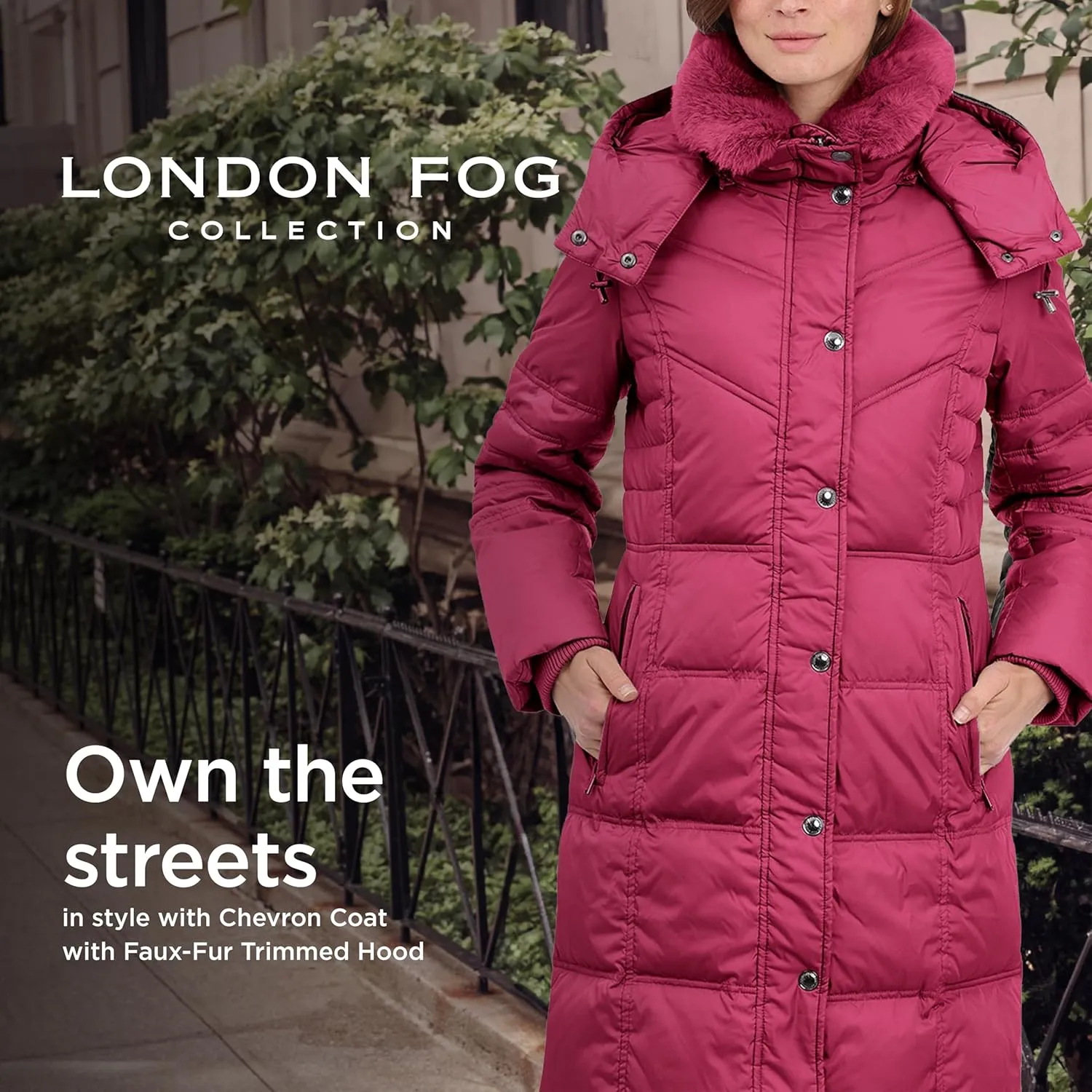 LONDON FOG Women's Chevron Coat with Faux Fur Trimmed Hood