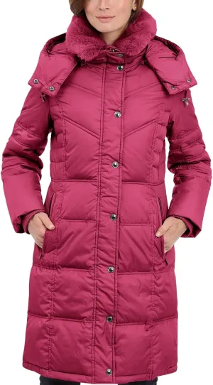 LONDON FOG Women's Chevron Coat with Faux Fur Trimmed Hood