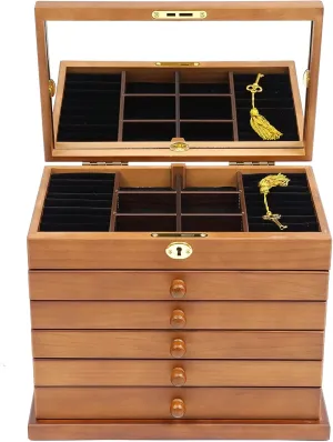 LOYALHEARTDY 6 Layers Large Wooden Jewelry Box Drawer, Jewelry Case Cabinet with Mirror and Lock Ring Necklacel Earrling Bracelet Organizer Storage Display Box Gift for Woman or Girl