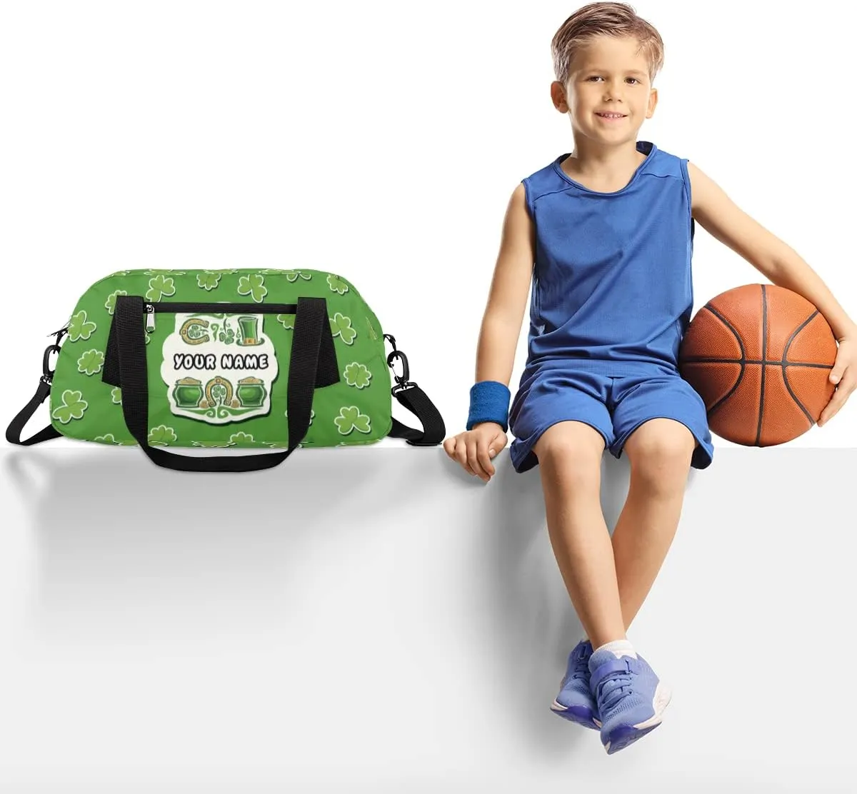 Lucky Clover Shamrock Kids Duffel Bag for Girls Boys Teens, Custom Name Dance Bag Overnight Small Duffel Bag Carry On Weekend Sports Gym Travel Bag for School Practice Gymnastics Ballet
