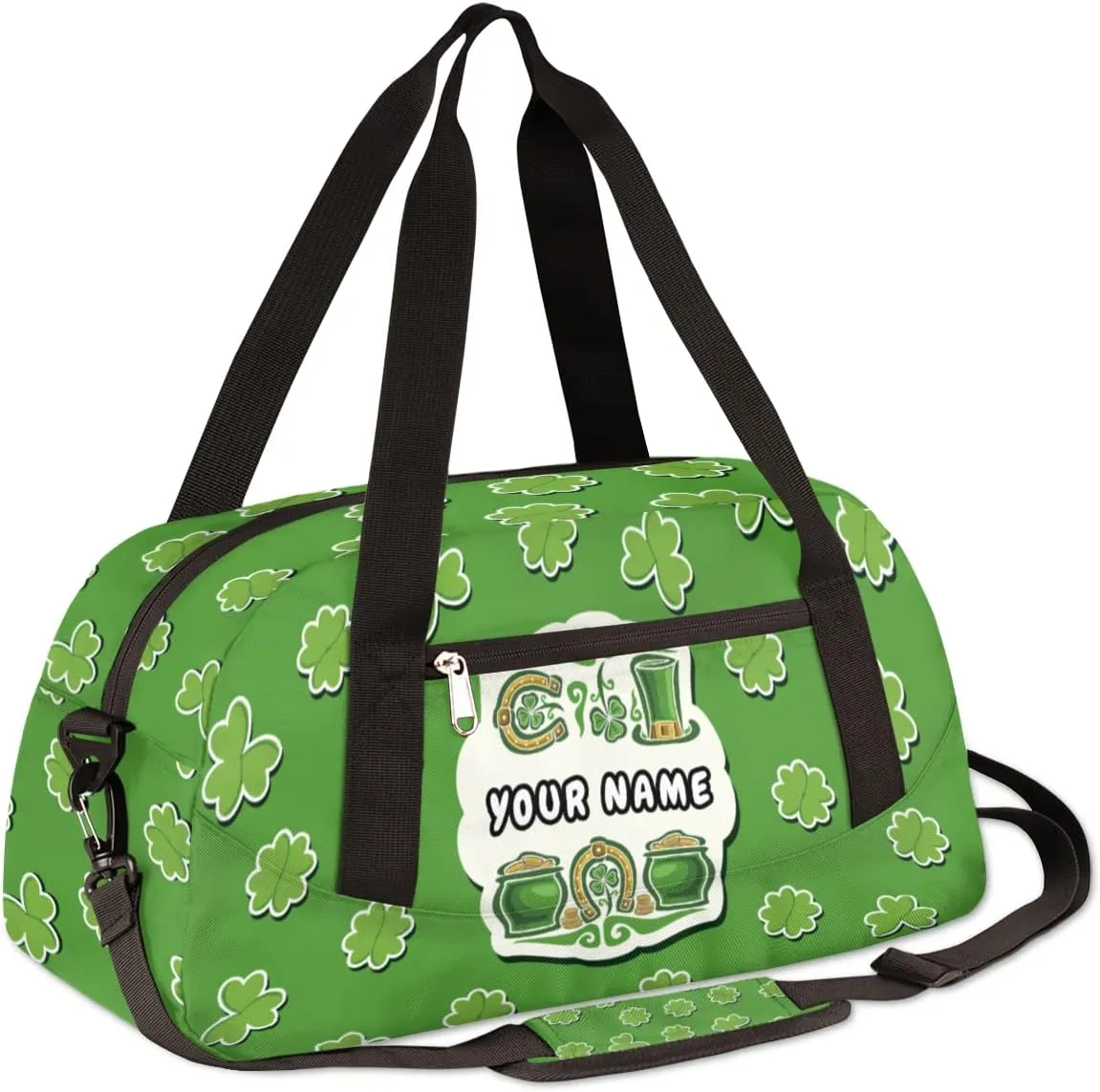 Lucky Clover Shamrock Kids Duffel Bag for Girls Boys Teens, Custom Name Dance Bag Overnight Small Duffel Bag Carry On Weekend Sports Gym Travel Bag for School Practice Gymnastics Ballet