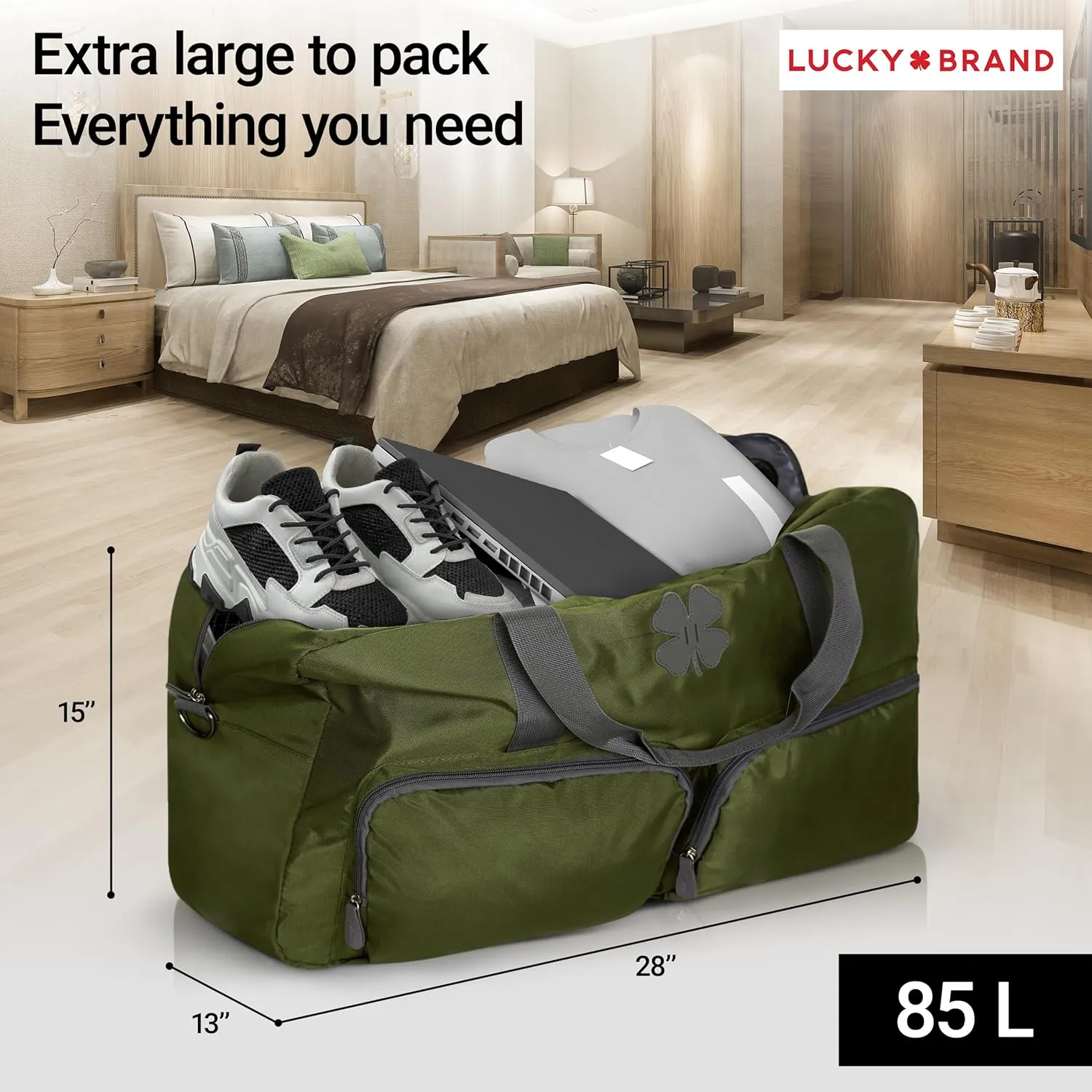 Lucky Travel Duffel Bags 85L, Gym Bag, Travel Bag & Large Duffle Bag for Men, Foldable Overnight Weekender Bags for Women & Men with Adjustable Shoulder Strap, Loden Green