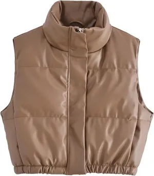 Lumister Womens Faux Leather Puffer Vest PU Leather Padded Cropped Vest Sleeveless Stand Collar Gilet Puffy Crop Jacket Coat