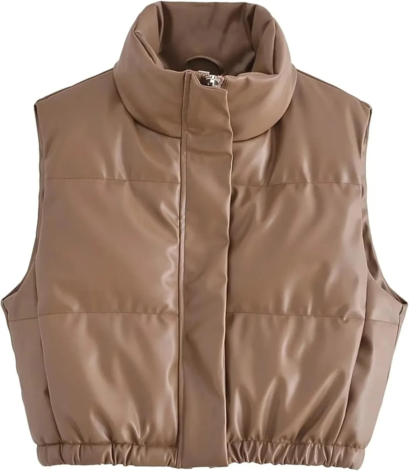 Lumister Womens Faux Leather Puffer Vest PU Leather Padded Cropped Vest Sleeveless Stand Collar Gilet Puffy Crop Jacket Coat