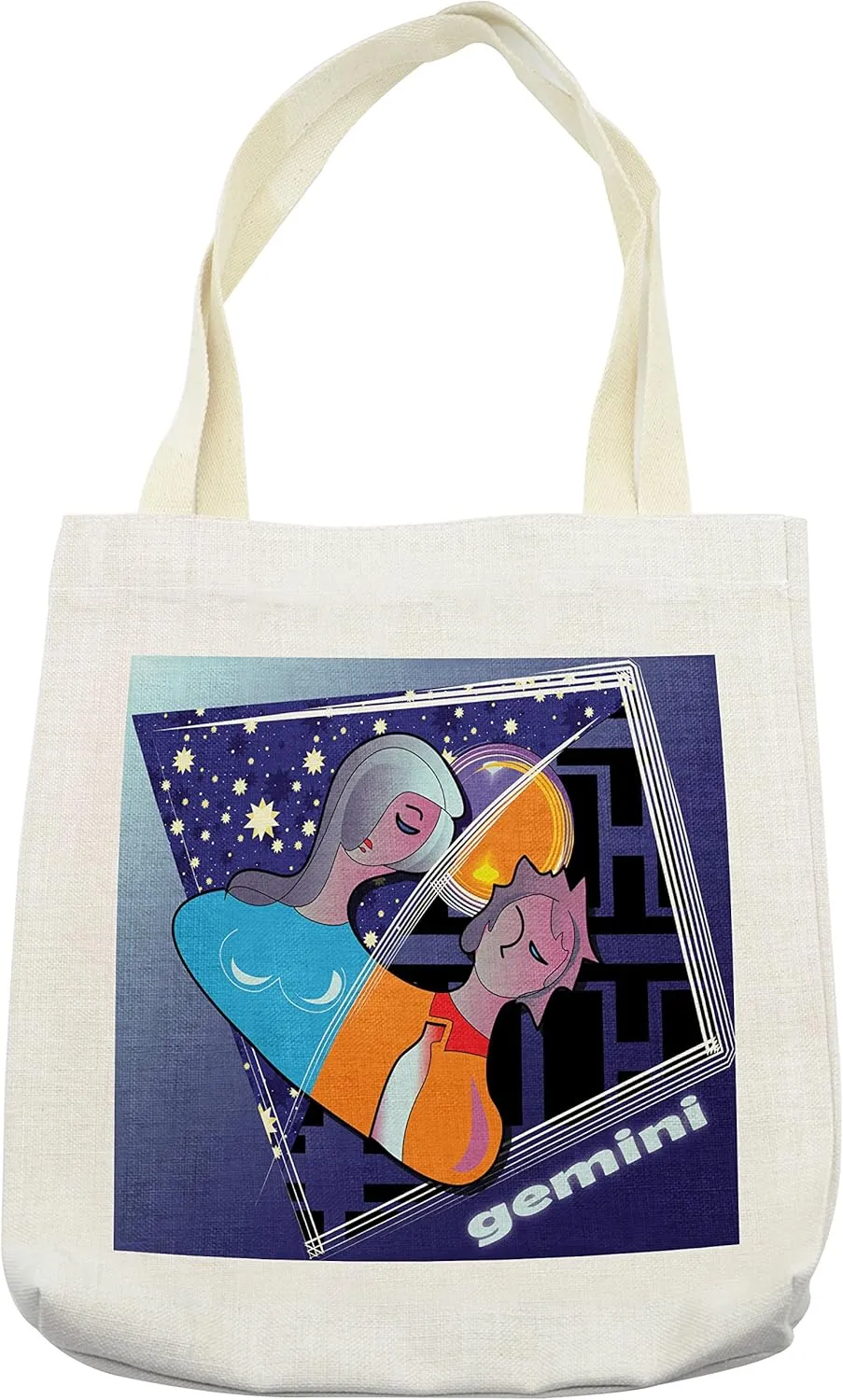 Lunarable Astrology Tote Bag, Gemini Couple Mercury Moon and Sun Map to Zodiac Stars Love Character Home, Cloth Linen Reusable Bag for Shopping Books Beach and More, 16.5" X 14", Cream