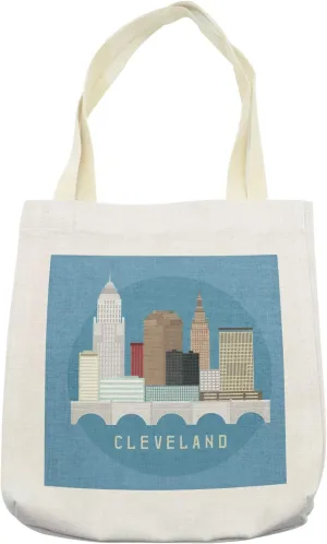 Lunarable Cleveland Tote Bag, Composition with Flat Design High Rise Commercial Buildings of Cleveland City, Cloth Linen Reusable Bag for Shopping Books Beach and More, 16.5" X 14", Cream