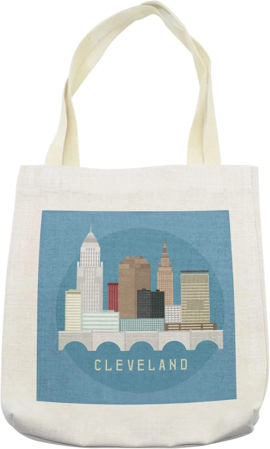Lunarable Cleveland Tote Bag, Composition with Flat Design High Rise Commercial Buildings of Cleveland City, Cloth Linen Reusable Bag for Shopping Books Beach and More, 16.5" X 14", Cream