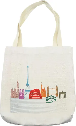 Lunarable Colorful Tote Bag, Monuments from European Civilization Colosseum Eiffel Tower Big Ben Attractions, Cloth Linen Reusable Bag for Shopping Books Beach and More, 16.5" X 14", Cream