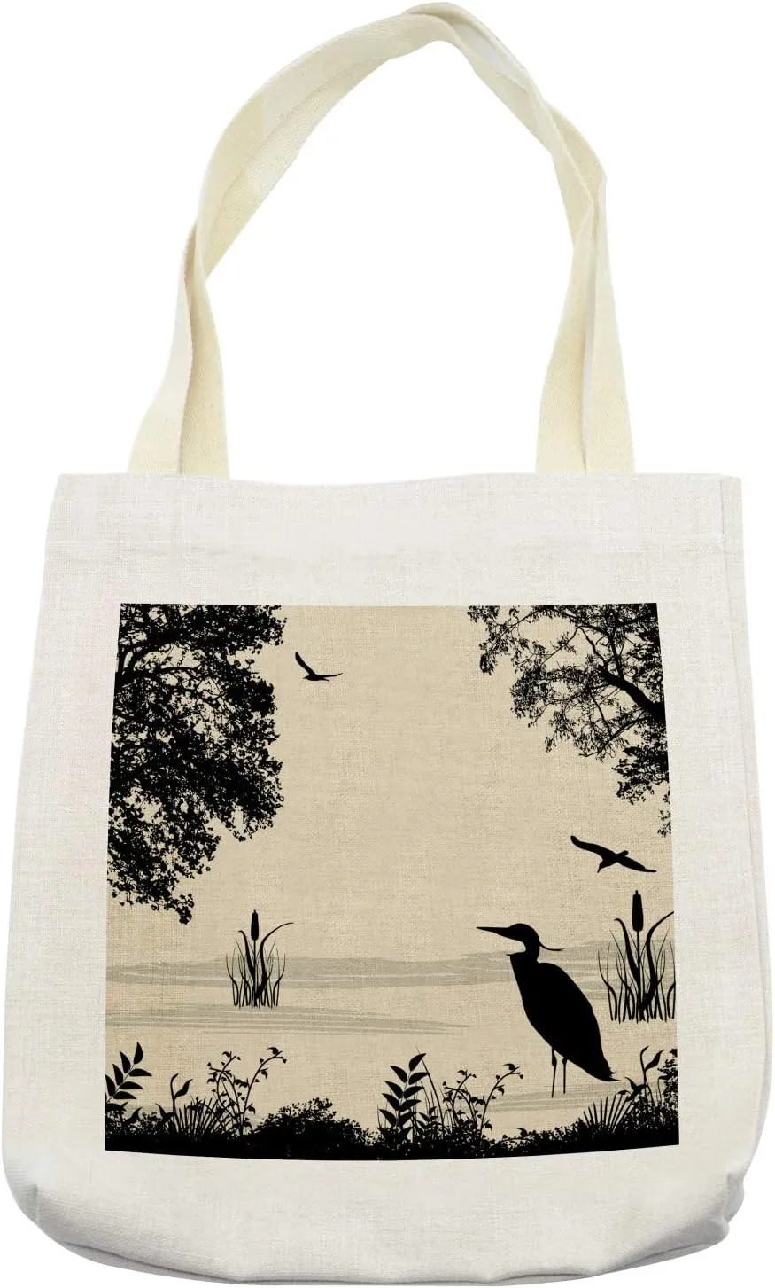 Lunarable Crane Tote Bag, Zebra Tails Hardy Bog Plant Reeds Silhouette and Standing Stork Image, Cloth Linen Reusable Bag for Shopping Books Beach and More, 16.5" X 14", Cream