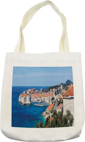 Lunarable Dubrovnik Tote Bag, Old City Defense Walls in Croatia European Architecture Monumental and Historic, Cloth Linen Reusable Bag for Shopping Books Beach and More, 16.5" X 14", Cream