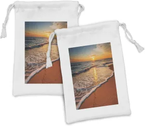 Lunarable Florida Beach Fabric Pouch Set of 2, Dramatic Sunrise Shot with Waves Hitting Seashore, Small Drawstring Bag for Toiletries Masks and Favors, 9" x 6", Marigold Cinnamon