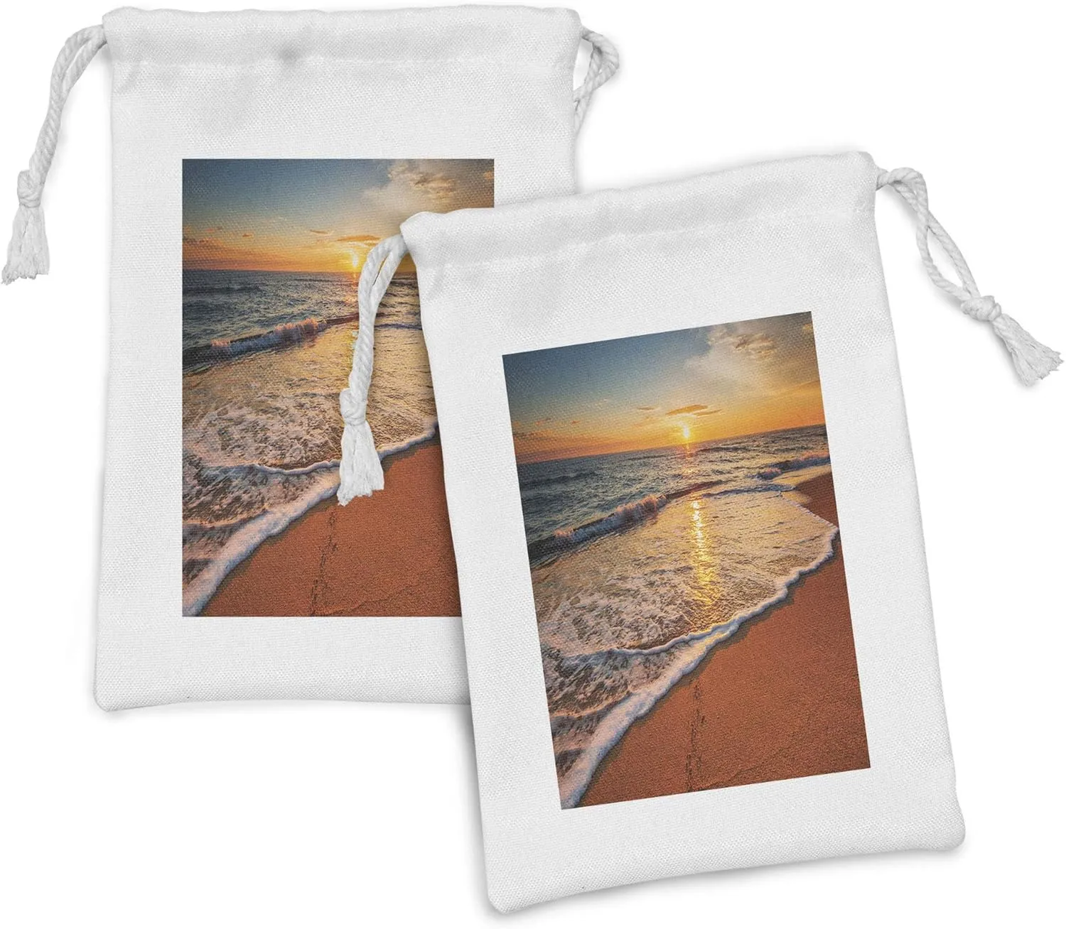 Lunarable Florida Beach Fabric Pouch Set of 2, Dramatic Sunrise Shot with Waves Hitting Seashore, Small Drawstring Bag for Toiletries Masks and Favors, 9" x 6", Marigold Cinnamon
