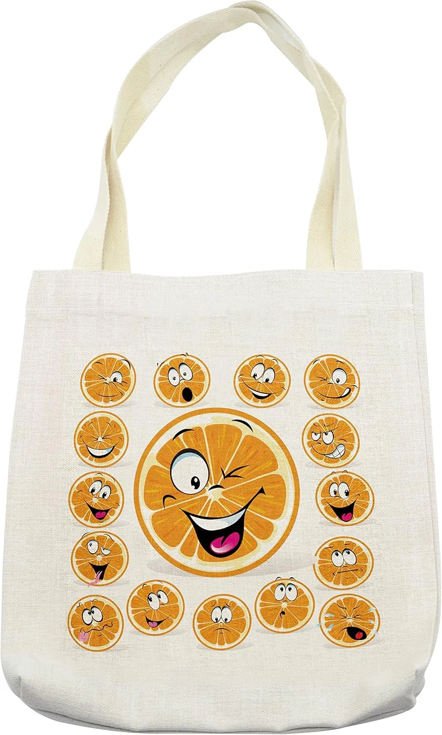 Lunarable Fruits Tote Bag, Orange Clipart with Many Expression Frown Laughing Eyebrows Angry Feeling Artwork Print, Cloth Linen Reusable Bag for Shopping Books Beach and More, 16.5" X 14", Cream