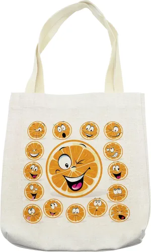 Lunarable Fruits Tote Bag, Orange Clipart with Many Expression Frown Laughing Eyebrows Angry Feeling Artwork Print, Cloth Linen Reusable Bag for Shopping Books Beach and More, 16.5" X 14", Cream