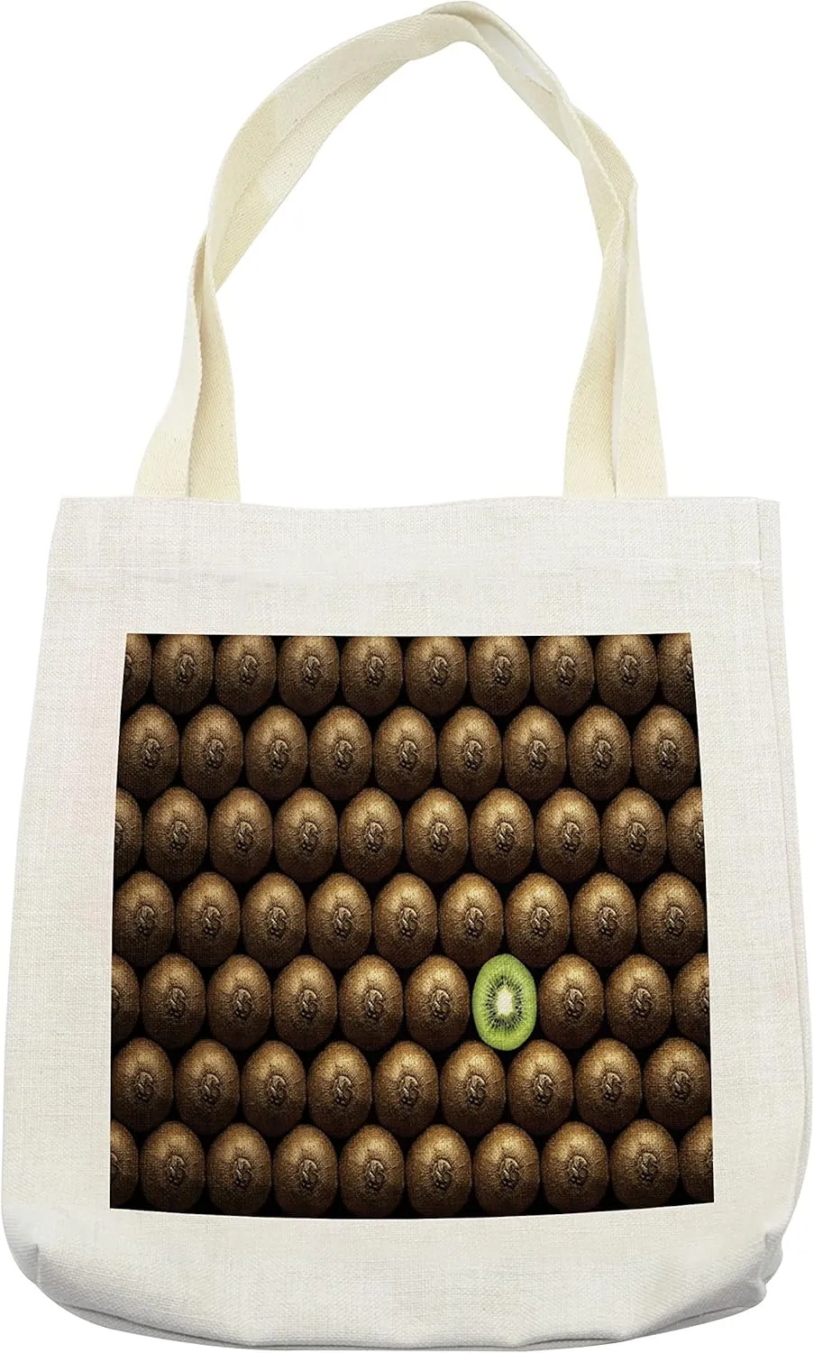 Lunarable Fruits Tote Bag, Slice Cut Amongst Many Whole Kiwi Contrast Arrangement Crowd Individuality, Cloth Linen Reusable Bag for Shopping Books Beach and More, 16.5" X 14", Cream