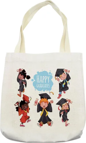 Lunarable Graduation Tote Bag, All Around the World Graduates in Gowns Accomplishment Happiness Theme, Cloth Linen Reusable Bag for Shopping Books Beach and More, 16.5" X 14", Multicolor