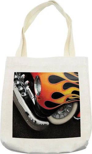 Lunarable Manly Tote Bag, Chrome Wheels Fender Fast Speedy Horsepower Historical Shows Motoring Print, Cloth Linen Reusable Bag for Shopping Books Beach and More, 16.5" X 14", Orange Black and Red
