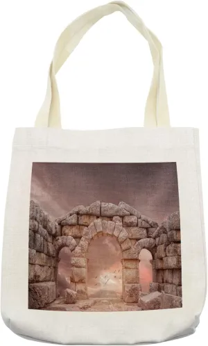 Lunarable Medieval Tote Bag, Fantasy Medieval Land and Sky Birds Antiquity Architecture Landmark, Cloth Linen Reusable Bag for Shopping Books Beach and More, 16.5" X 14", Cream